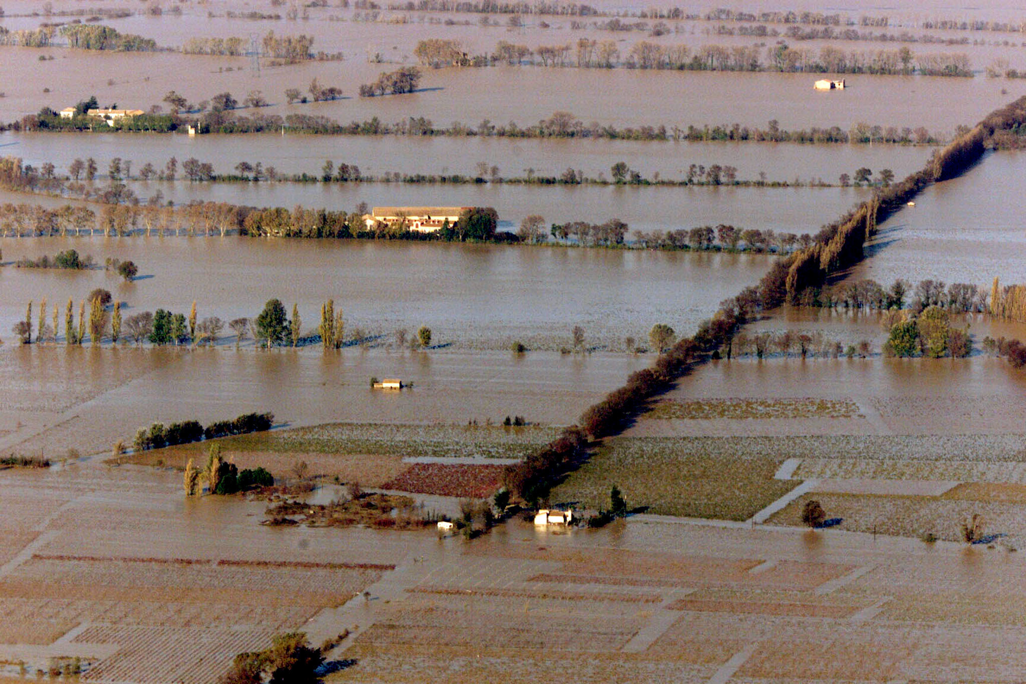 Aerial view of houses cut off by flood waters in Southern France.