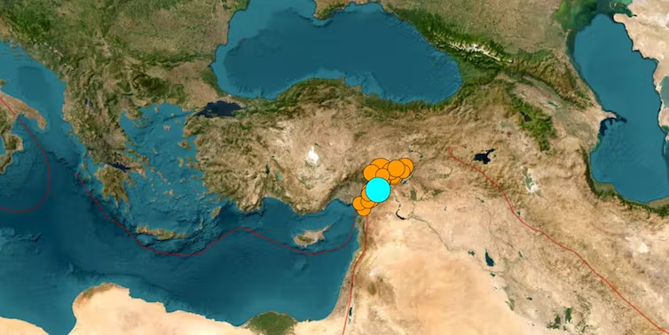 A satellite image showing where earthquakes hit in Turkey and Syria.